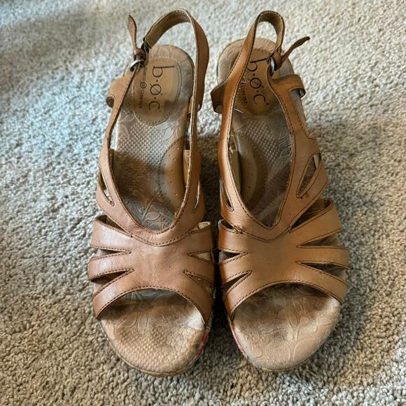 BOC Floral Print Tan Leather Cork Wedge Sandals Size 10 w/ Buckle Ankle Strap - Picture 2 of 10